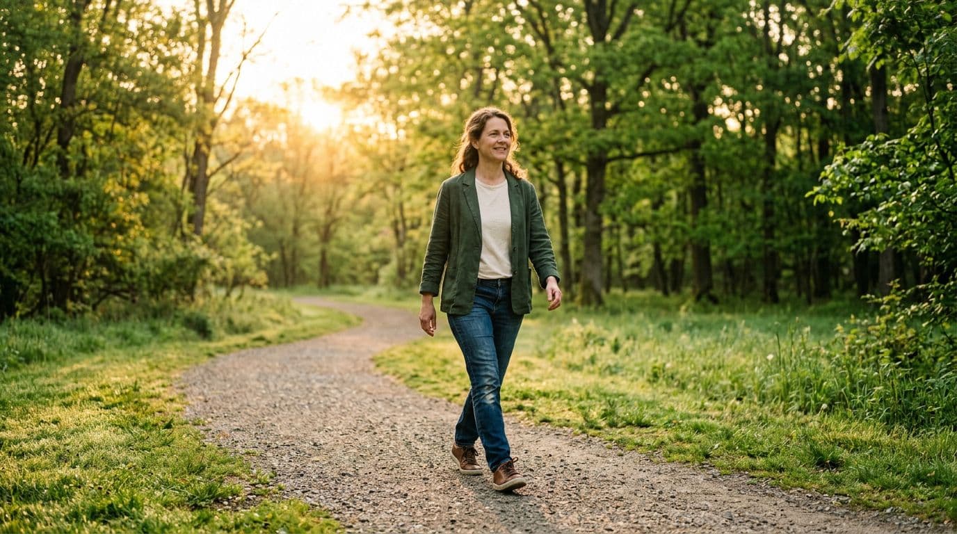 An adult walks relaxed along a green park path during golden hour sunrise, with soft morning sunlight gently illuminating the face from the side. Full-body realistic photography from a slight low angle in a natural outdoor setting with trees and grass.
