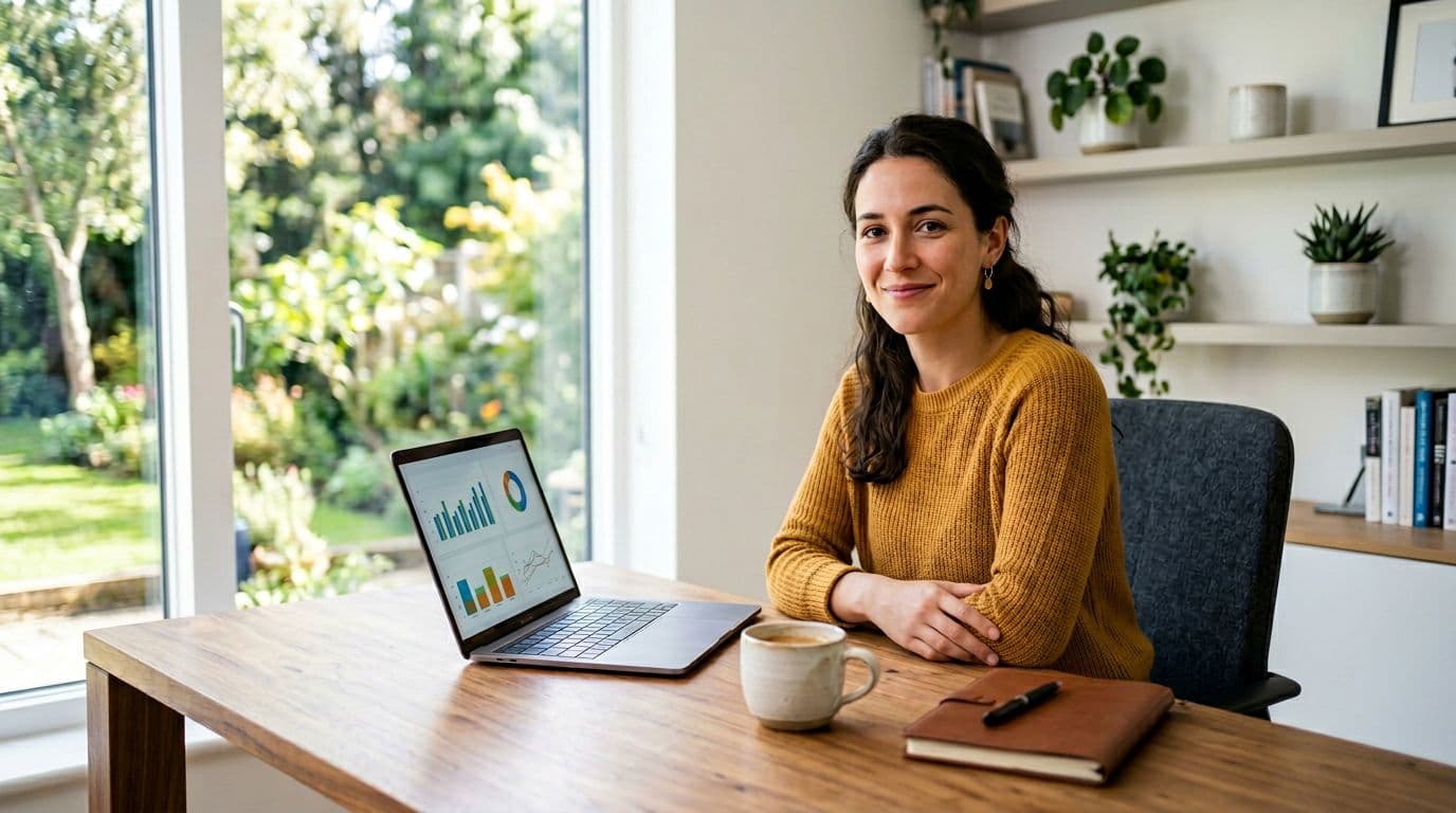 A single blogger relaxes at a desk in a bright modern home office with an open laptop showing vague analytics charts, coffee mug, and notebook beside, natural daylight from a large window, professional photorealistic landscape view.