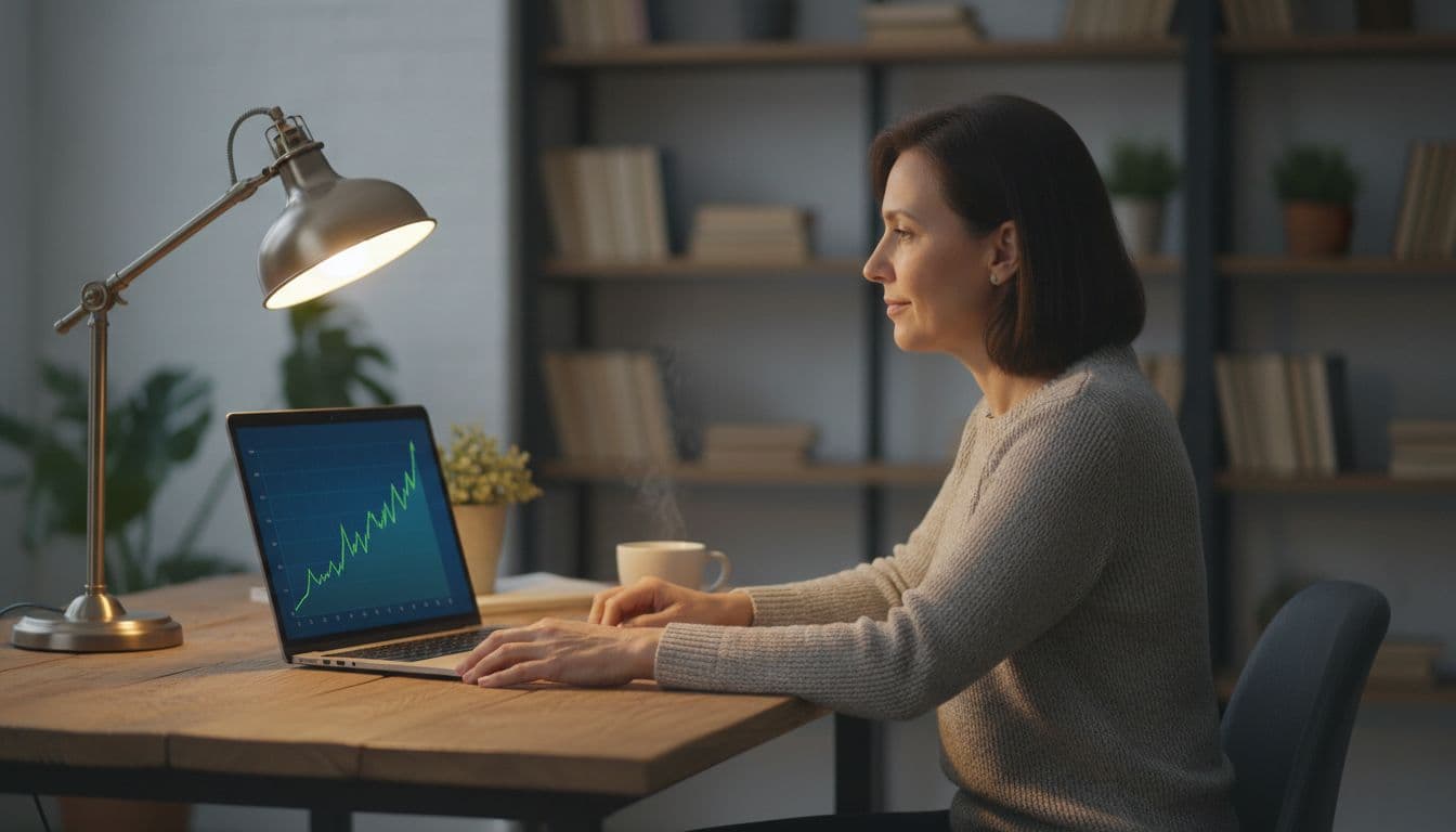 ClickBank Profit Club Founder Membership: What You Get for $495 4 One middle-aged person sitting relaxed at a wooden home office desk with a laptop showing a rising graph chart on screen, hands resting loosely on desk edge, warm lamp light illuminating the scene, photorealistic style.