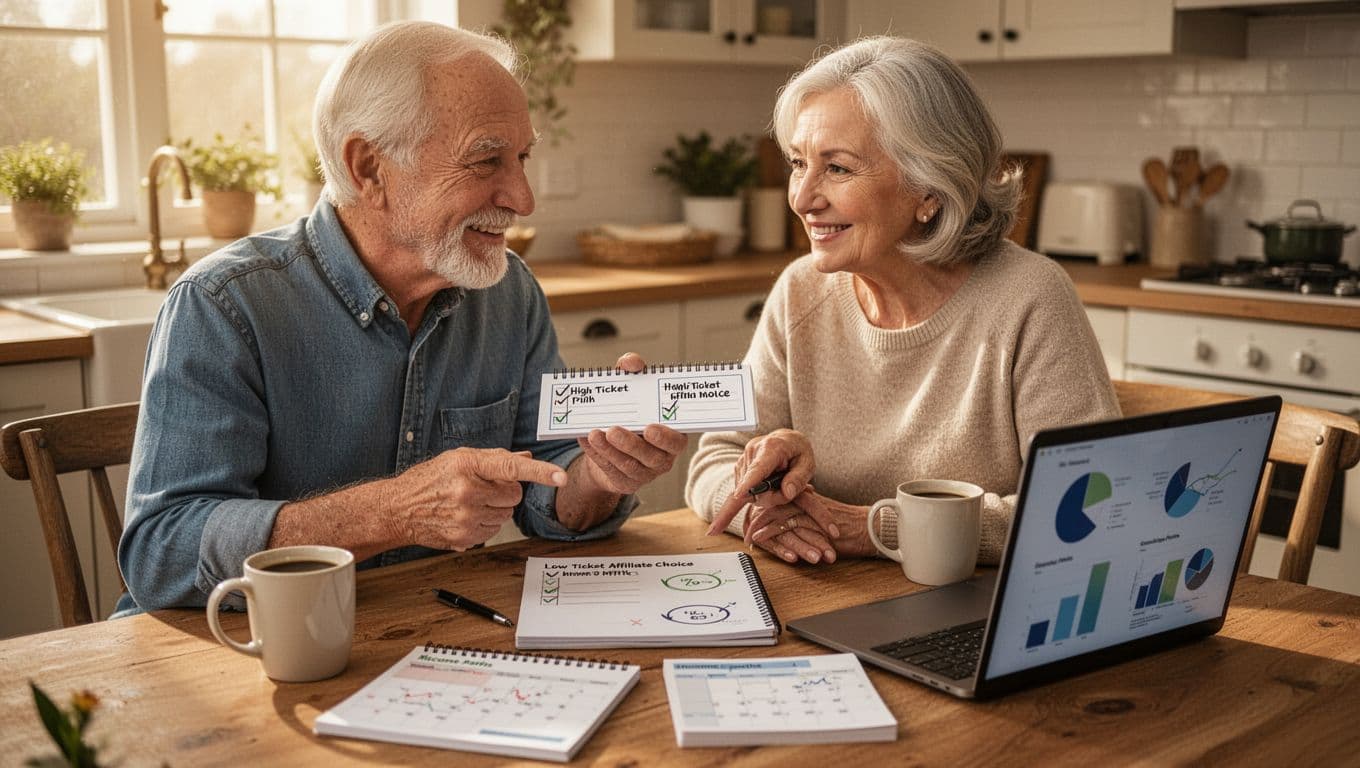 A senior couple in their late 60s sits at a wooden kitchen table in a cozy home, thoughtfully discussing high-ticket and low-ticket affiliate options using a notepad with checklists and a nearby laptop showing income charts, relaxed and smiling in warm morning sunlight.