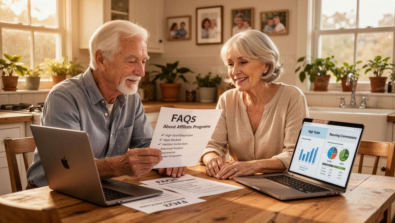 A senior couple in their late 60s sits at a cozy wooden kitchen table in a sunlit home, thoughtfully reviewing a printed list of FAQs about affiliate programs, with laptops nearby showing simple charts comparing commissions.