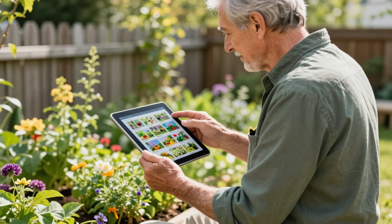 An older man in his 70s stands in a sunny garden holding a tablet, viewing Pinterest boards on gardening tips for small spaces. Vibrant outdoor setting with green plants, flowers, and wooden fence in realistic photo style.
