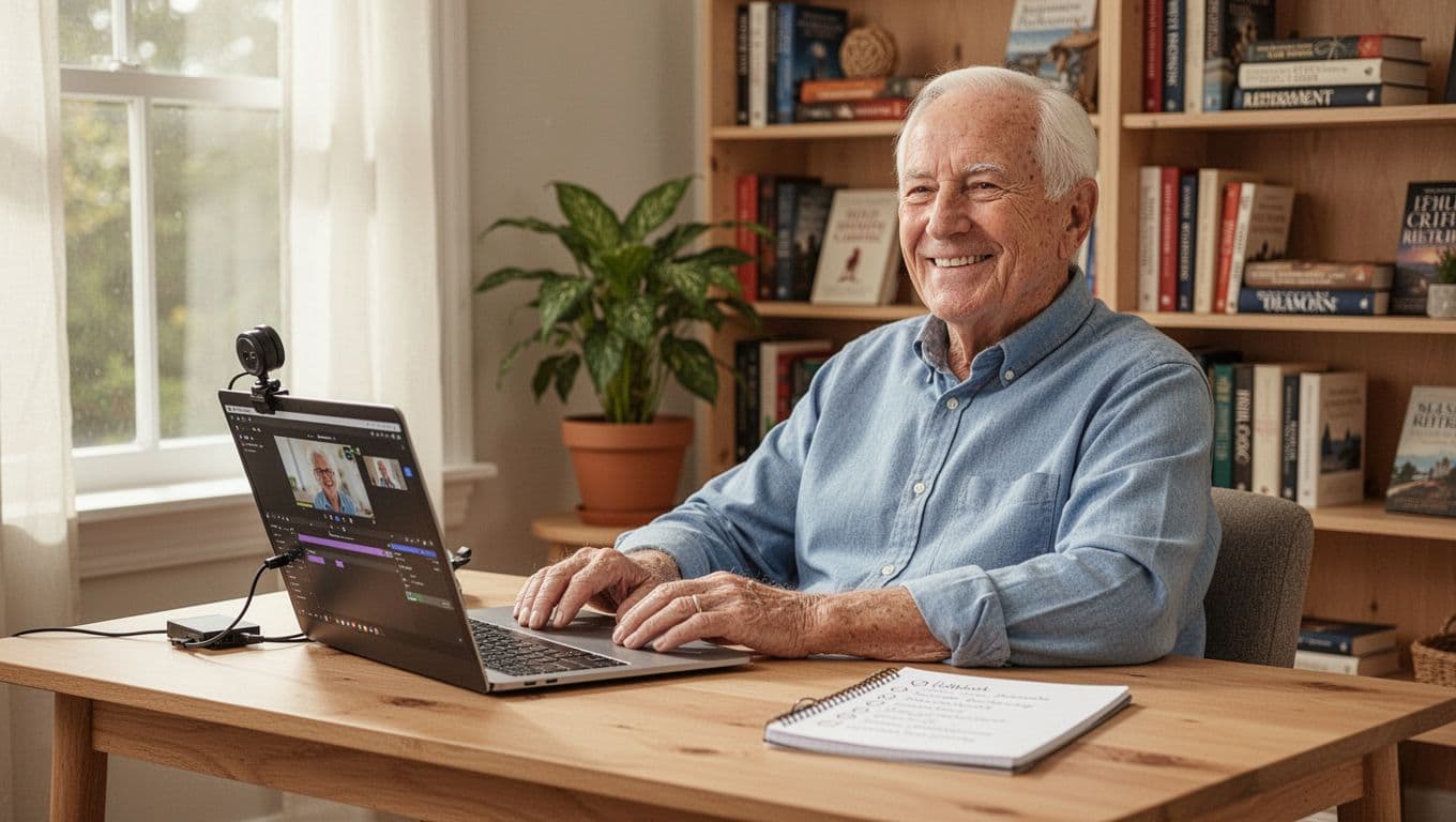 A senior man in his late 60s sits relaxed at a wooden desk in a bright home office, smiling confidently while using a laptop with a video editing interface, webcam, and notepad nearby. Cozy bookshelves with retirement books and a potted plant fill the softly blurred background in photorealistic warm tones.