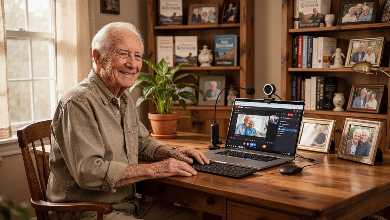 An elderly man in his early 70s sits smiling at a wooden desk in a cozy home office, with a laptop displaying a simple YouTube video editor interface and an attached webcam, ready to create educational content. The scene features soft window light, bookshelves with retirement books, a potted plant, and family photos in photorealistic warm earthy tones.