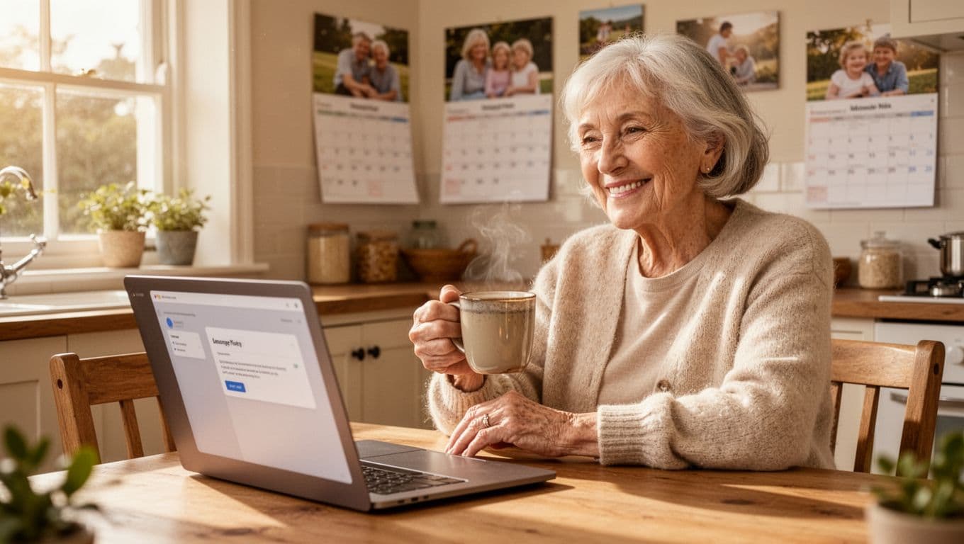 A senior woman in her early 70s sits relaxed at a sunny kitchen table with a laptop open to an abstract dashboard, holding a mug of tea, and smiling thoughtfully in a cozy home with warm morning light.
