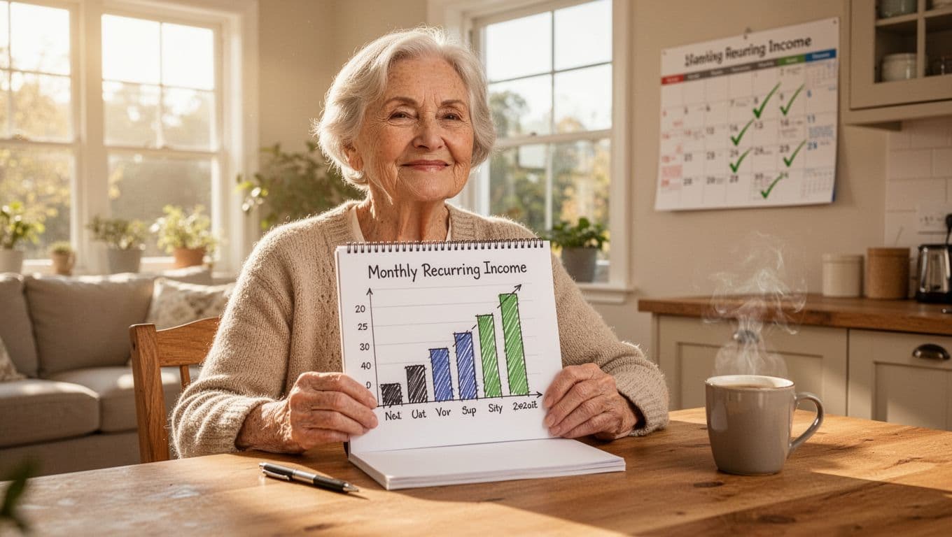 In a bright sunny living room, a senior woman in her late 60s sits relaxed at a wooden table holding a notepad with hand-drawn bar graphs of stacking monthly recurring income growing over months, with soft light, calendar checkmarks, and coffee mug nearby. Photorealistic in cheerful warm tones evoking calm optimism.