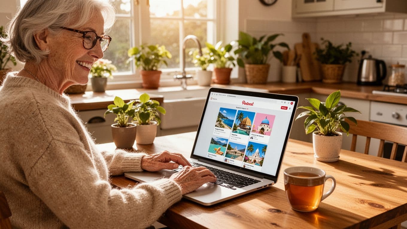 A friendly senior woman in her 60s smiles while pinning budget travel ideas on Pinterest using a laptop at a cozy wooden kitchen table, with sunlight creating a warm atmosphere, plants, and a mug of tea nearby.