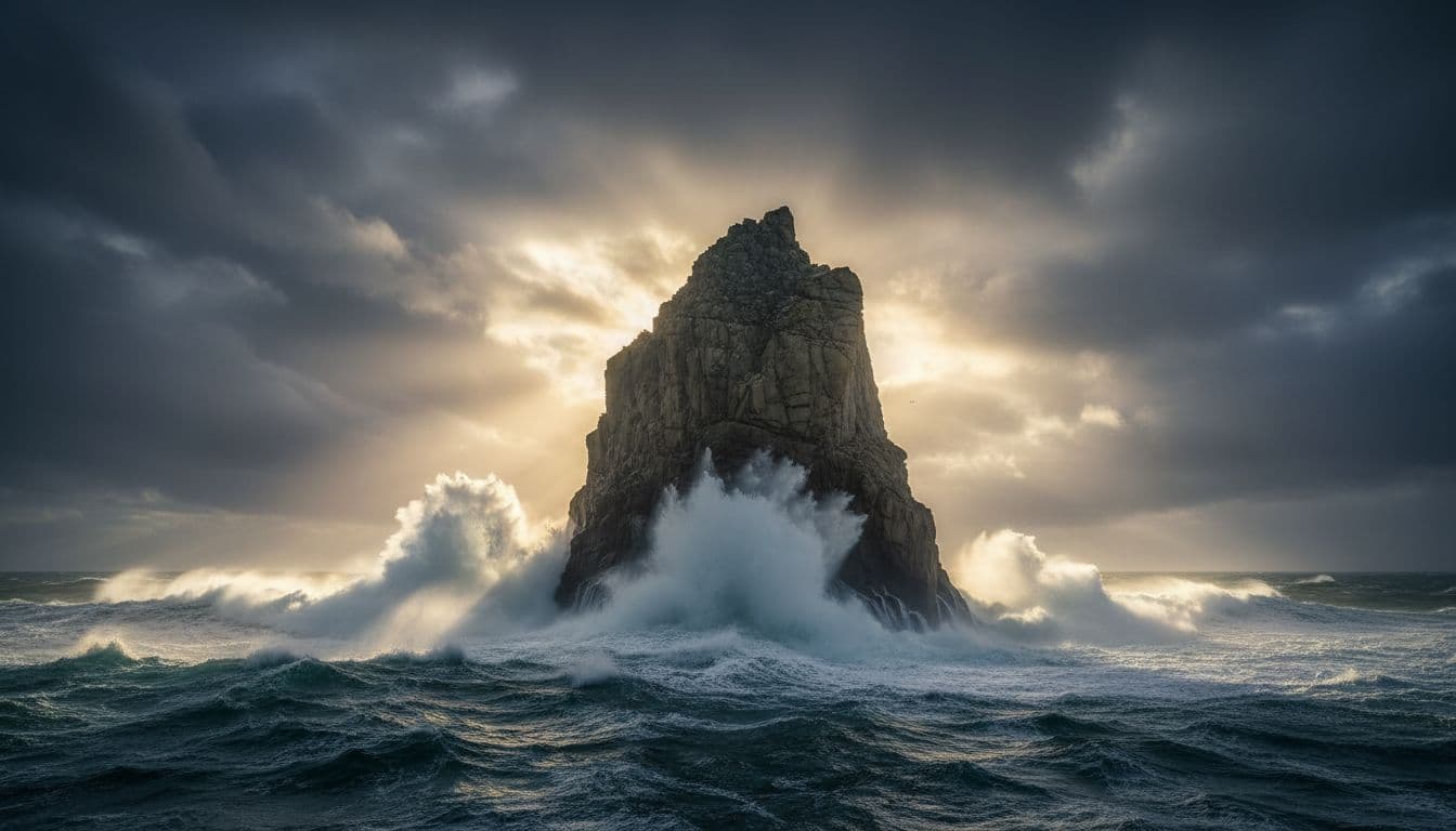 A massive solid rock stands firm against powerful crashing ocean waves during a fierce storm, symbolizing unwavering stability amid chaos, captured in photorealistic wide-angle low perspective with dramatic natural lighting.