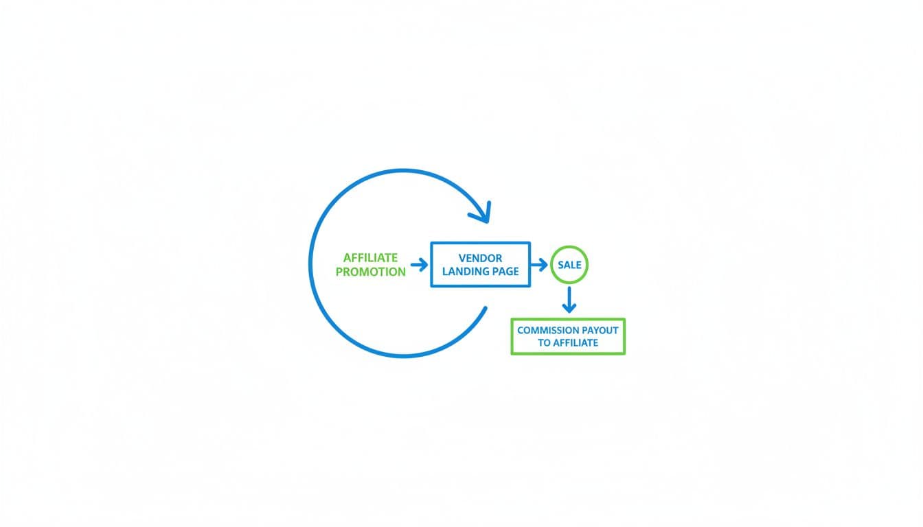 Simple flowchart diagram of the traditional affiliate marketing cycle: promotion to vendor landing page, sale, single commission payout, and loop back to promotion. Clean vector line art on white background, minimalistic and centered.