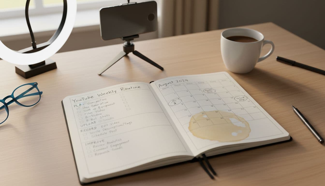 Photorealistic open weekly planner notebook on a desk, displaying YouTube routine page with checklists for planning, recording, uploading, and improving content, calendar marked with upload days, coffee stain for realism, phone tripod, ring light, soft morning light creating a productive low-stress mood.
