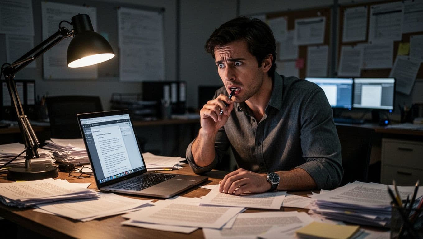 A professional in their 30s at a cluttered office desk with an open laptop to a document and scattered papers, looking anxious while biting a pen, under dim office lighting with desk lamp glow, realistic photography style.