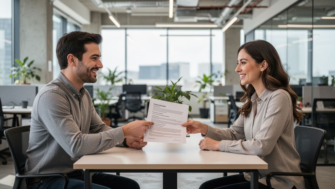 Two colleagues, one man and one woman, sit across a simple table in a modern open plan office, smiling as one hands a printed document to the other in a friendly feedback discussion under natural daylight.