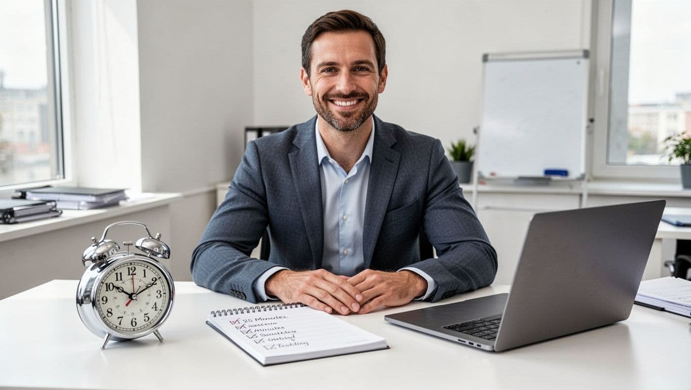 A mid-30s office worker smiles confidently at a tidy desk with a kitchen timer set to 25 minutes, a notepad featuring a checklist, and a closed laptop nearby, illuminated by bright natural light from a window in realistic photography style.