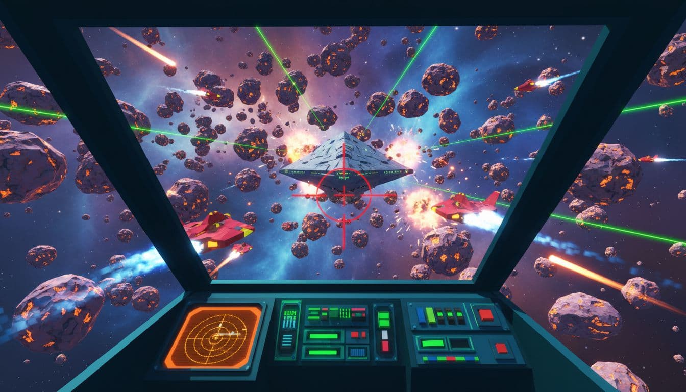 A pilot views a crowded asteroid field and enemy spacecraft from inside a cockpit.