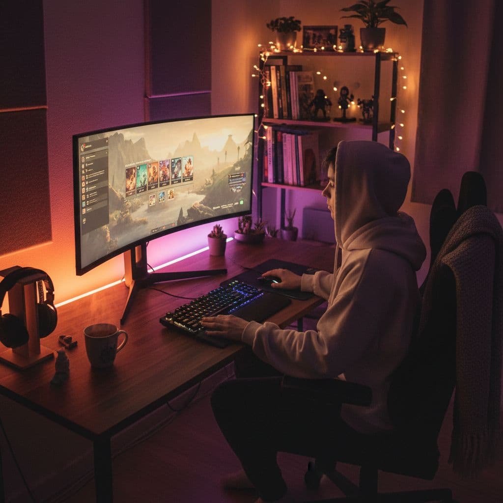 A person prepares for a gaming session at a comfortable, warm-lit computer desk.