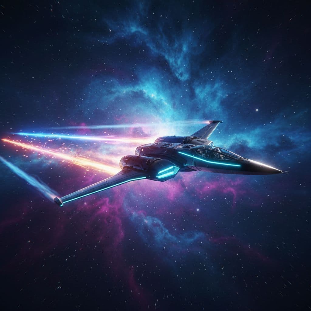 A sleek starship flies through a vibrant purple and blue nebula leaving bright energy trails.