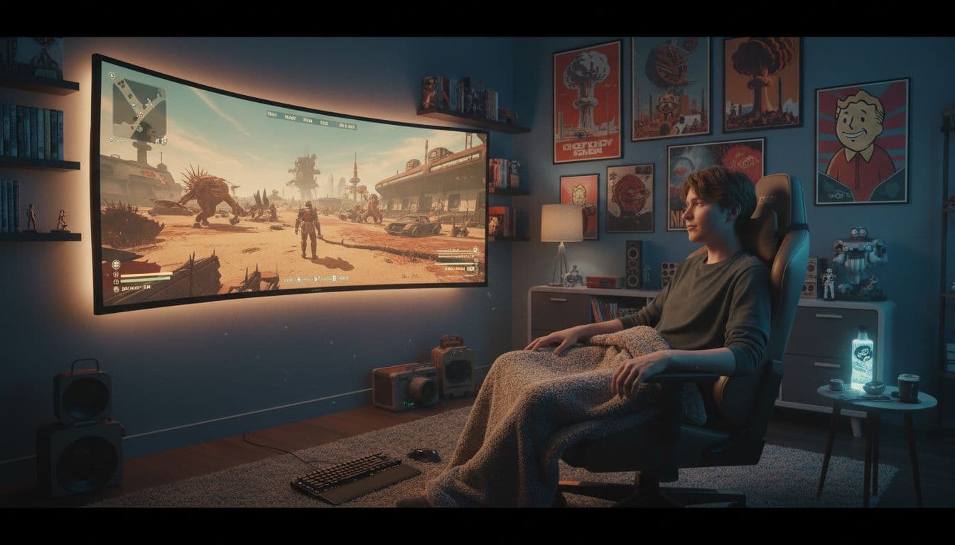A gamer plays an open-world RPG in a dim room decorated with retro-futuristic post-apocalyptic wall art.