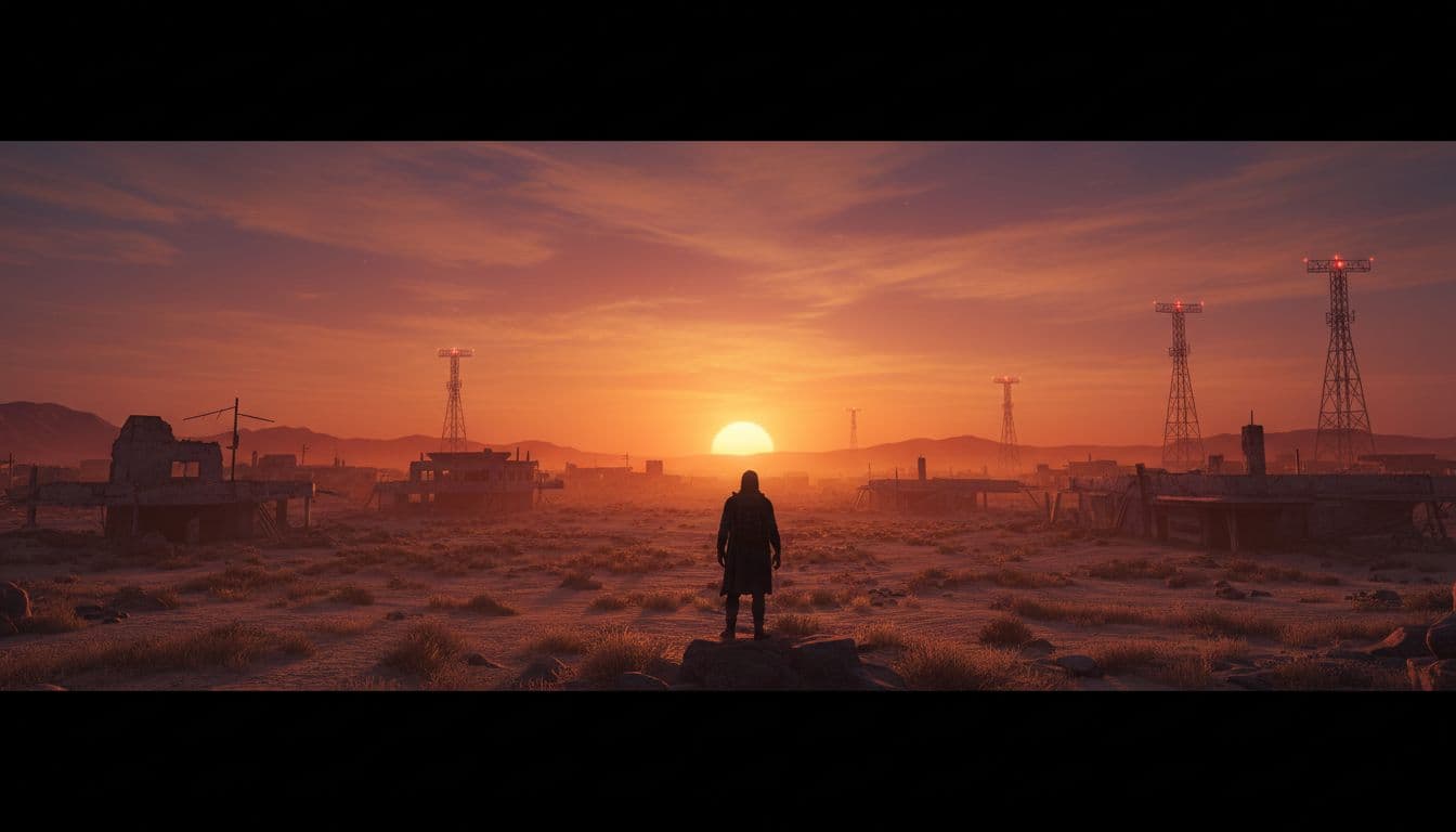 Silhouetted ruins and distant radio towers stand against a vibrant sunset in the desert wasteland.