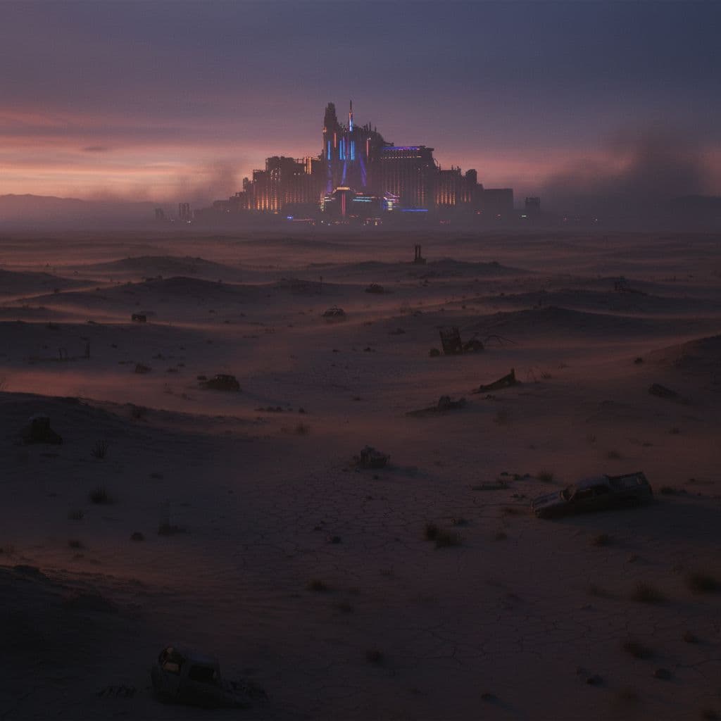 A desolate desert landscape features a ruined casino glowing with faint neon lights under a sunset sky.