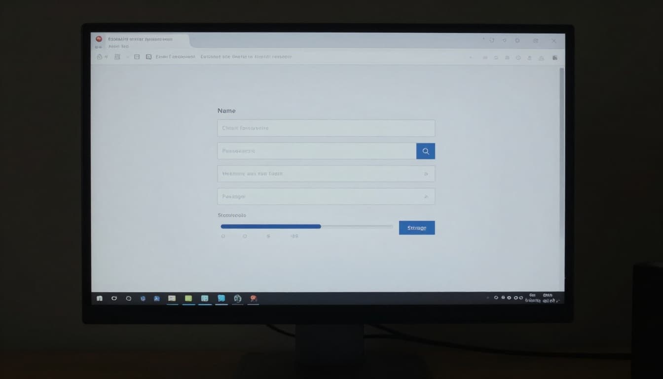 Photorealistic close-up of a desktop computer screen in a dim workspace, displaying an abstract email account creation form with generic input fields for name, password, and storage slider in neutral grays and blues, illuminated by screen glow.