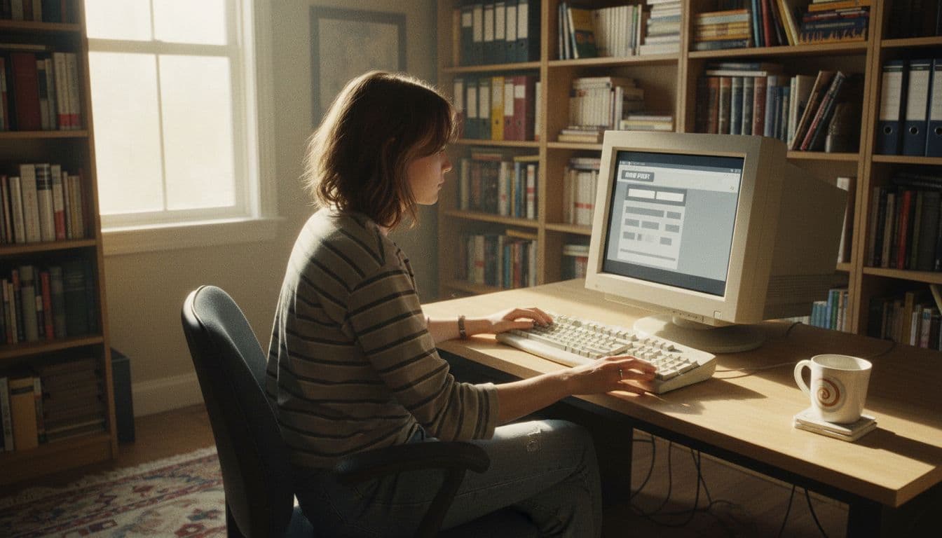 Nostalgic realistic depiction of an early 2000s blogger seated at a desktop computer with a basic blog editor open in a cozy home office, surrounded by books and a coffee mug under soft window lighting.