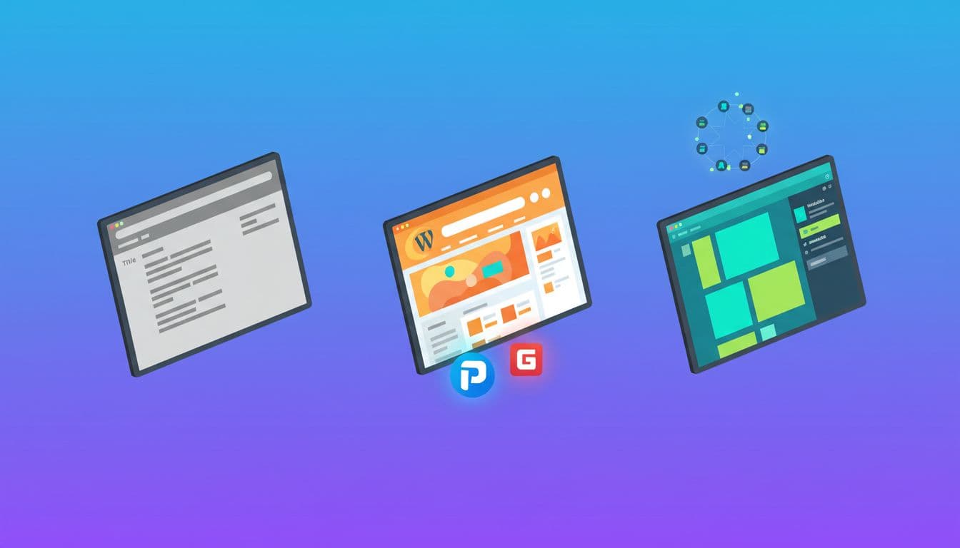 Horizontal infographic illustrating WordPress evolution from a basic 2003 plain text blog, through theme and plugin additions, to modern block-based multisite layouts, using simplified angled screen mockups in vibrant colors.