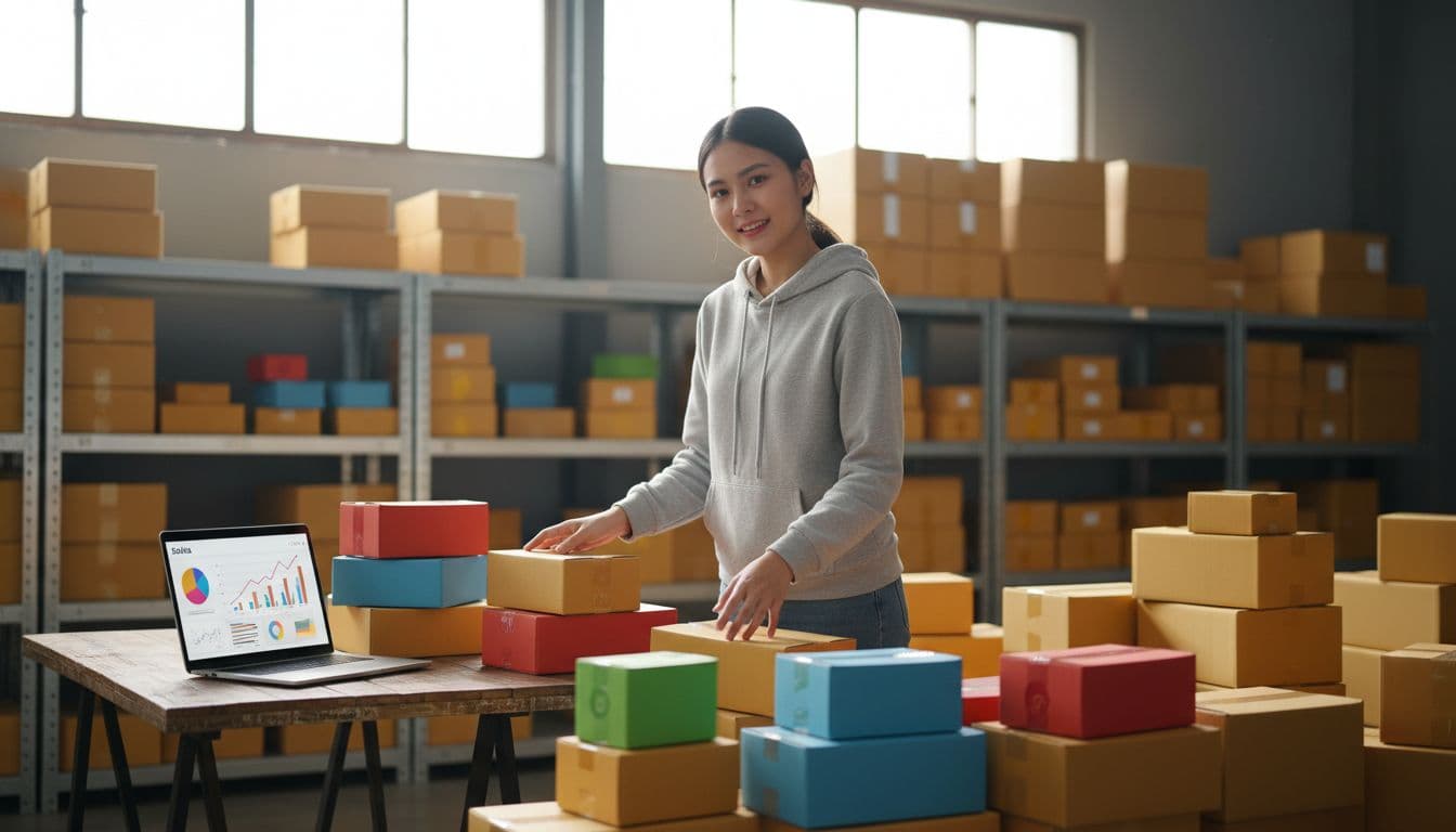Young woman as small e-commerce business owner in casual clothes sorts colorful product boxes in bright warehouse for online shipping, laptop shows sales dashboard nearby, organized shelves background.