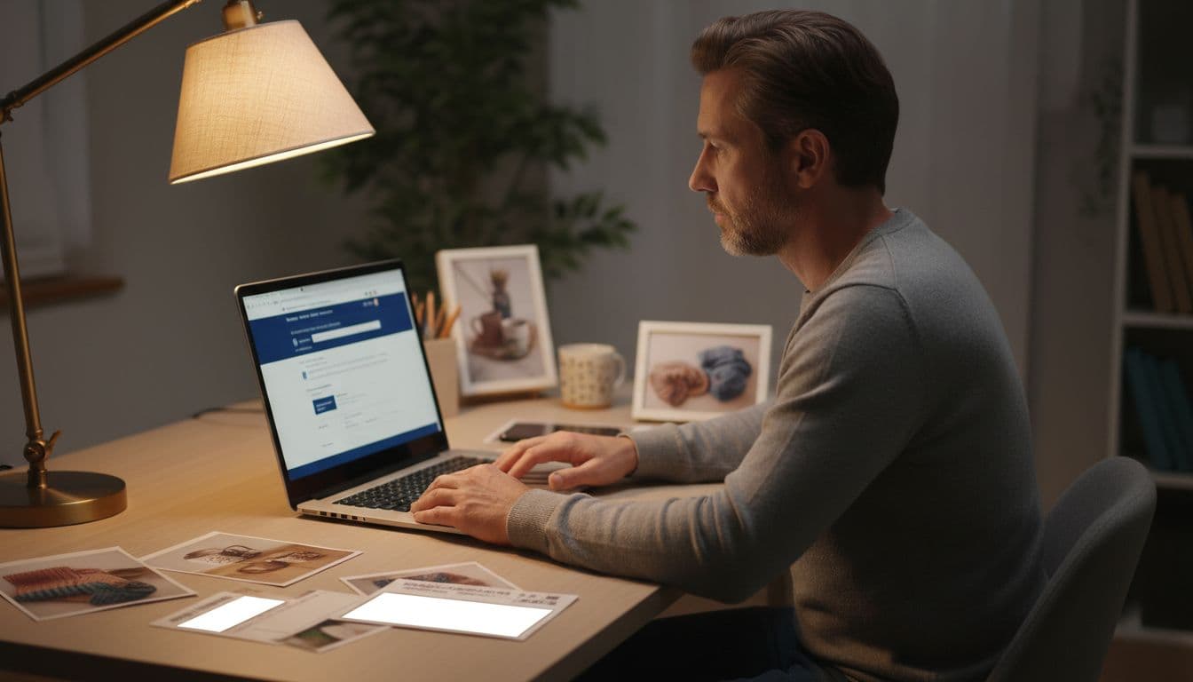 Middle-aged online store owner at modern home office desk, viewing business funding website on angled laptop screen, surrounded by shipping labels and product photos under warm lamp light, realistic side-view photograph.