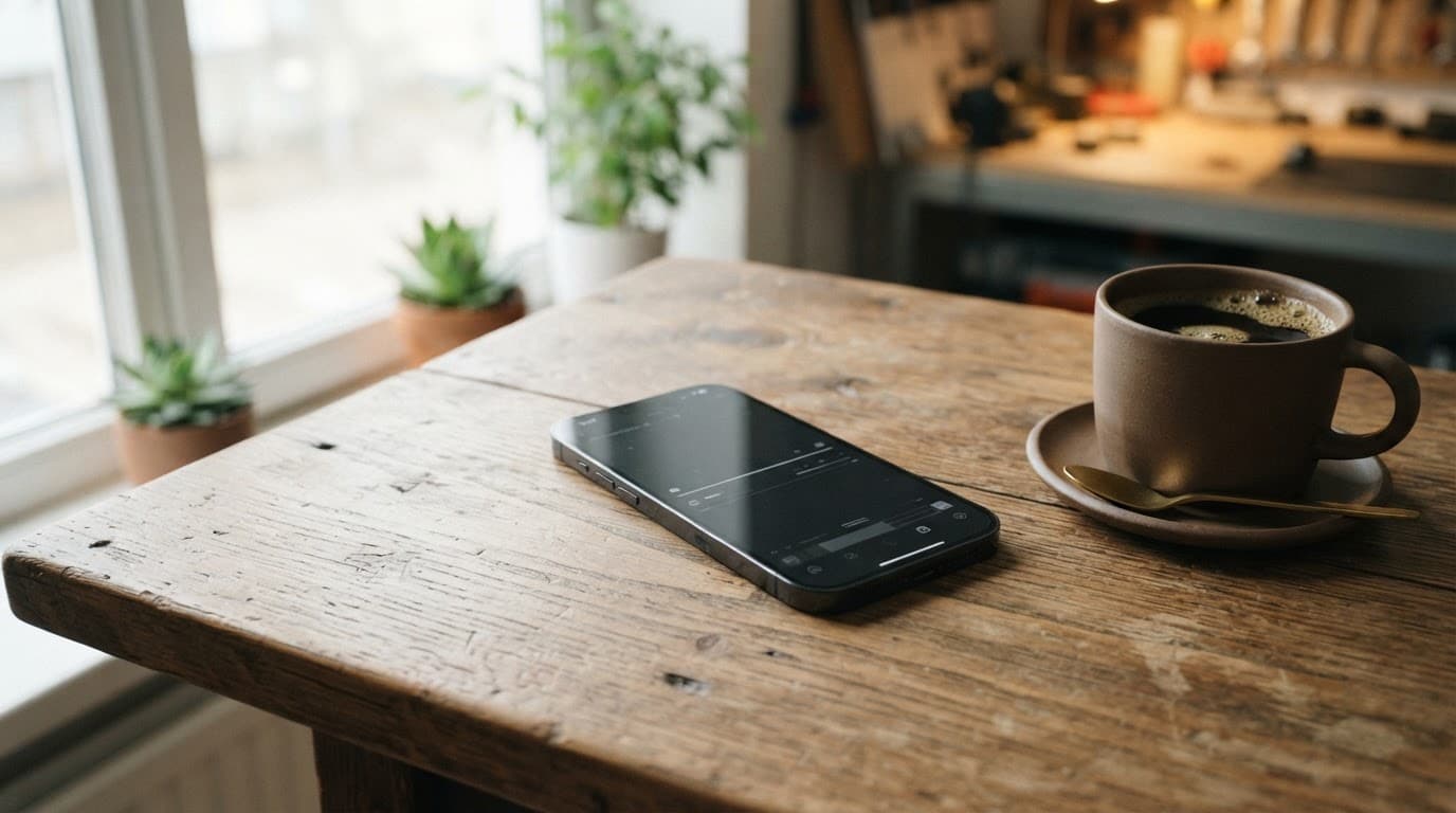 En smartphone og en kop kaffe på et træbord i dagslys.