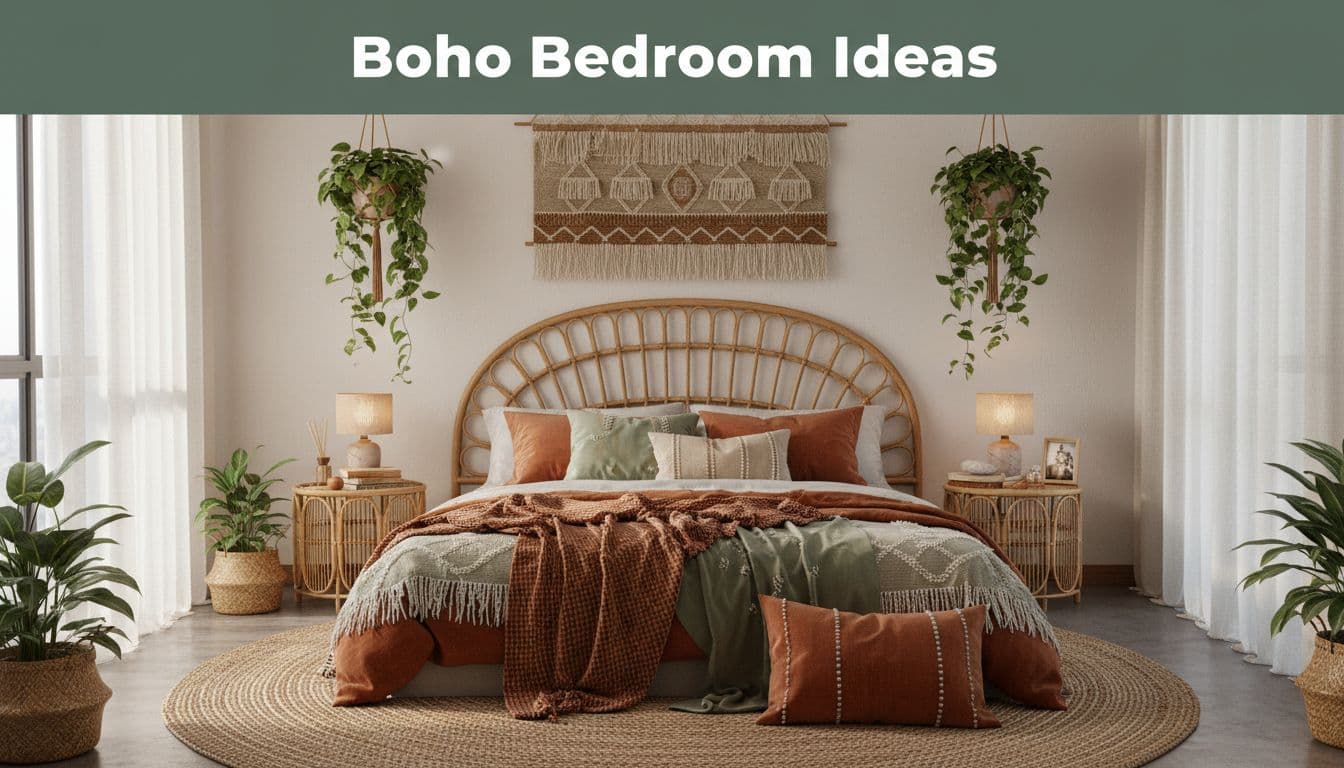 Symmetrical boho bedroom from foot of bed with layered textiles, rattan furniture, plants, rug, wall hangings, and top green band with 'Boho Bedroom Ideas'.