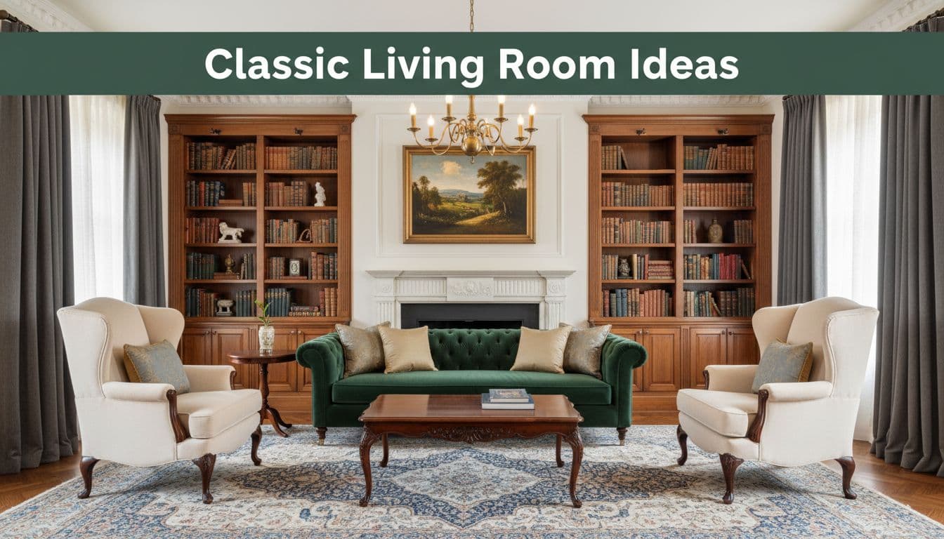 Spacious living room with centered tufted sofa, paired armchairs flanking fireplace, wood coffee table, bookcases, drapes, and top green banner 'Classic Living Room Ideas'.