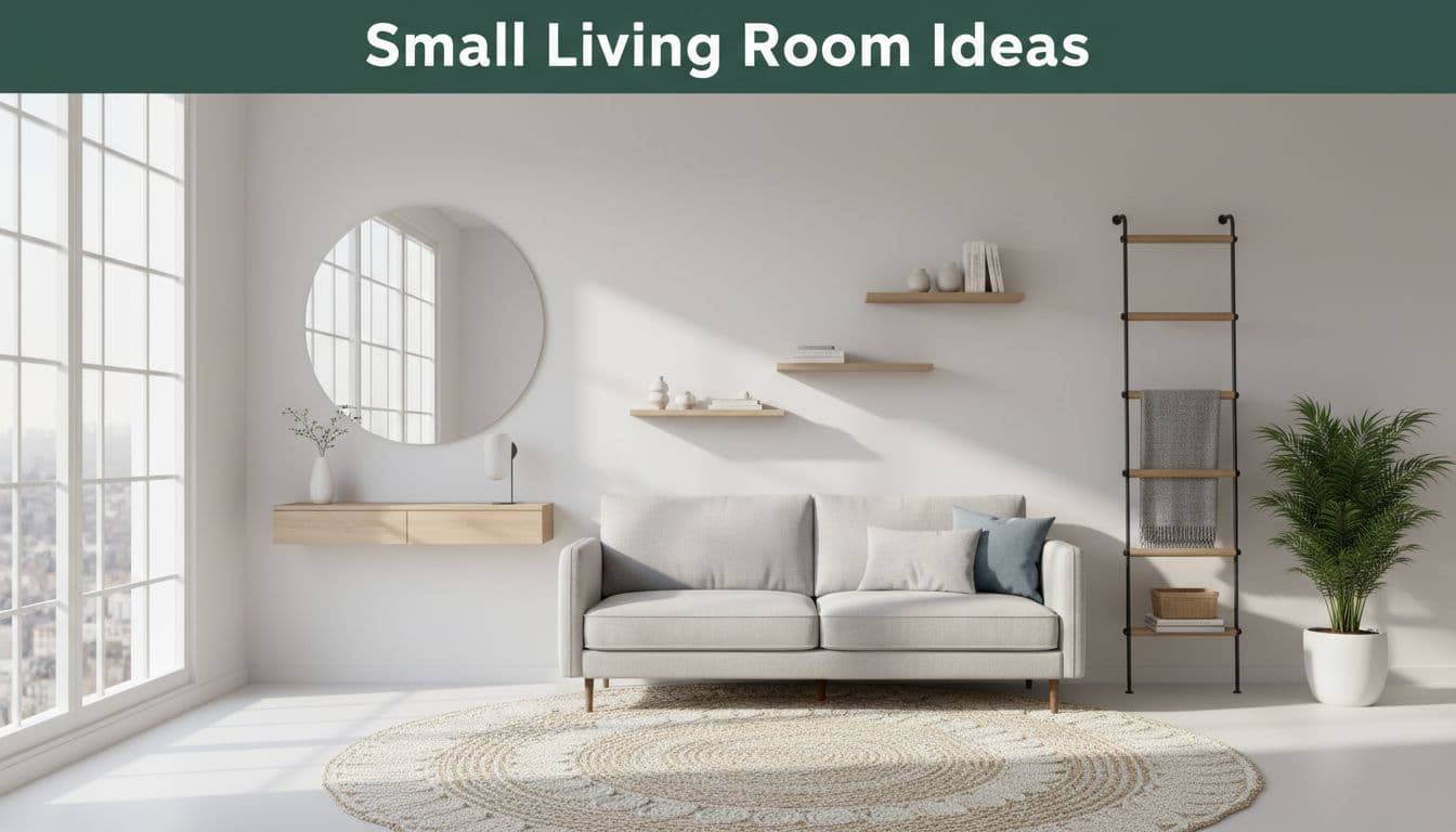 Compact living room with slim sofa, wall shelves, large mirror, floating console, rug, potted plant, vertical ladder, and top 'Small Living Room Ideas' banner in natural light.