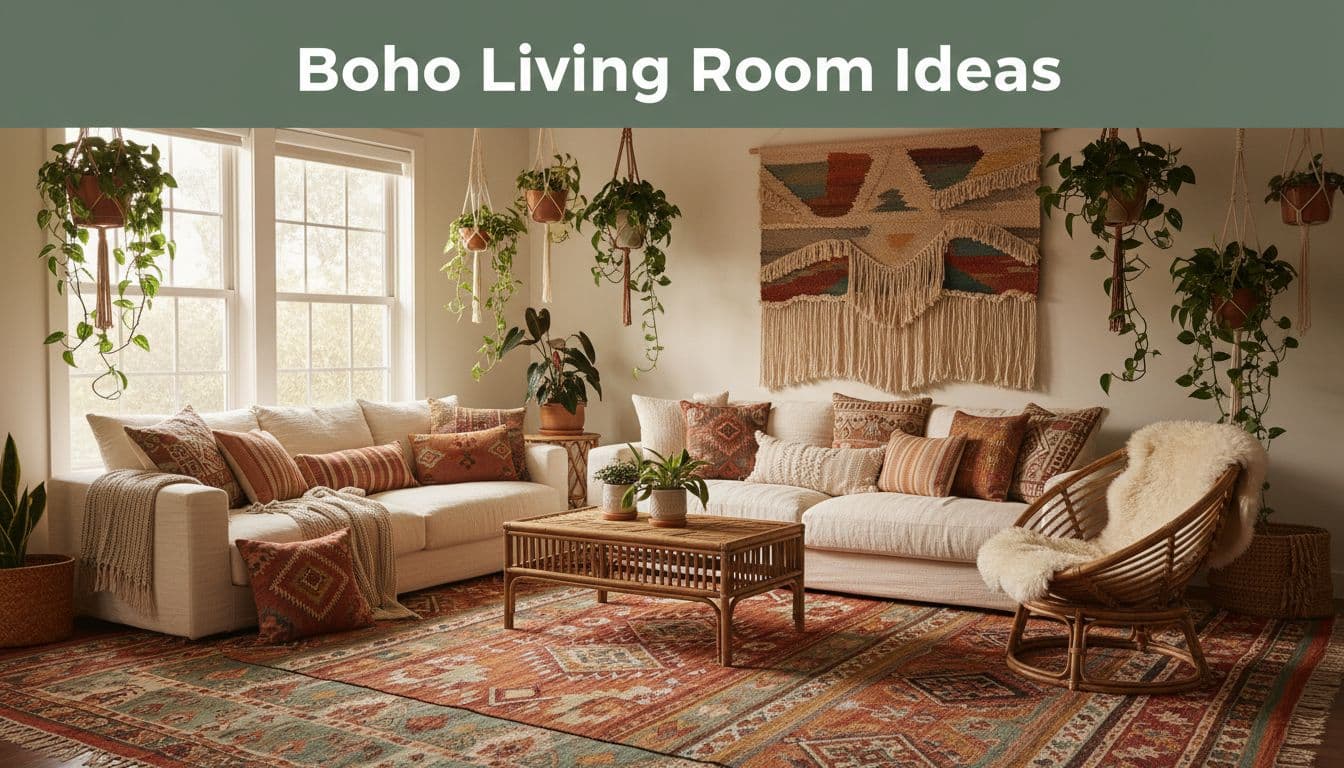 Boho living room with layered rugs, patterned pillows on sofa, macrame hanging plants, rattan furniture, woven wall art, and top dark-green band with 'Boho Living Room Ideas' headline.