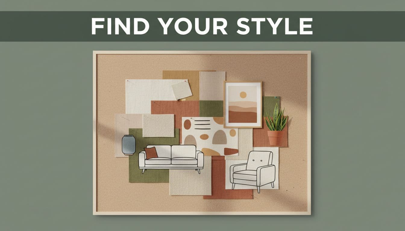 Dark-green header band with 'Find Your Style' text above corkboard collage of fabric swatches, furniture silhouettes, vase, rug, wall art, and potted plant.