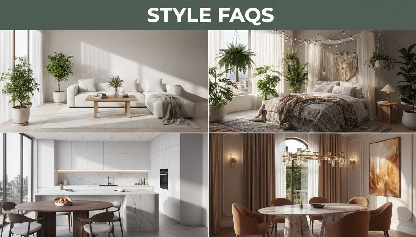 Grid of four rooms, minimalist living, bohemian bedroom, modern kitchen, luxury dining, below dark-green band with white 'Style FAQs' headline.