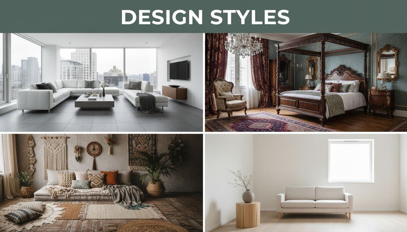 Grid of modern, traditional, bohemian, and minimalist rooms below 'Design Styles' headline on dark-green band.