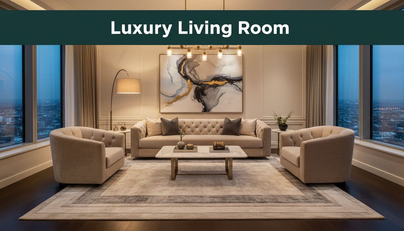 Spacious living room with beige velvet sofa, armchairs, marble coffee table, abstract art, layered rugs, floor lamps, and city dusk view.