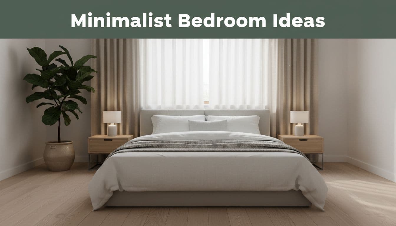 Dark-green header band with 'Minimalist Bedroom Ideas' above bedroom with low platform bed, two nightstands with lamps, corner plant, sheer curtains.