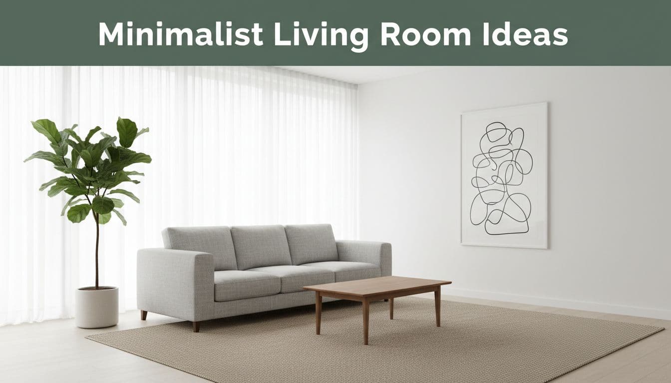 Spacious minimalist living room with light gray sofa, wooden coffee table, beige rug, fiddle leaf fig, abstract art, and large curtained windows below dark-green title band.