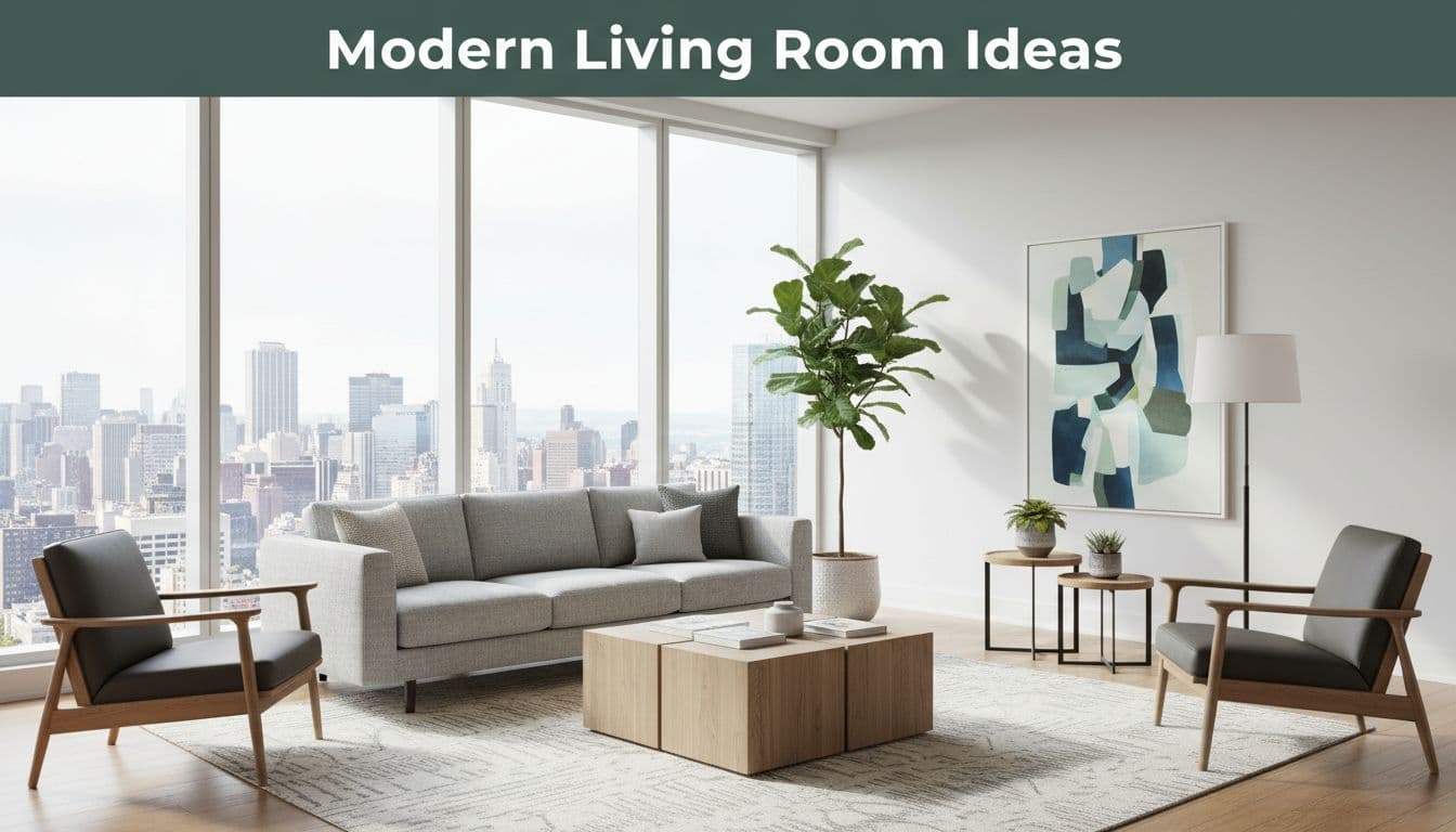 Spacious modern living room with sleek neutral sofa, geometric wooden coffee table, abstract wall art, floor-to-ceiling city windows, and potted plants.