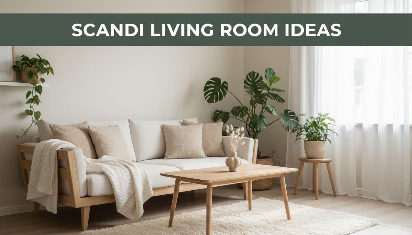 Uncluttered living room with slim birch sofa, coffee table, beige cushions, sheepskin rug, potted plants, large window, and top dark-green headline band.