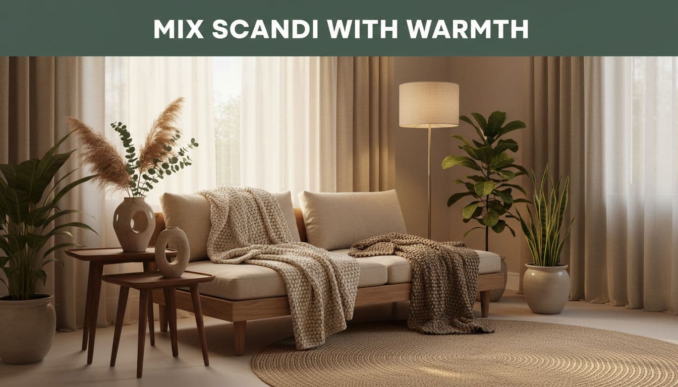 Cozy Scandi living room with oak sofa, wool throws, jute rug, walnut tables, vase, plants, and dark-green top band with 'Mix Scandi With Warmth' headline.