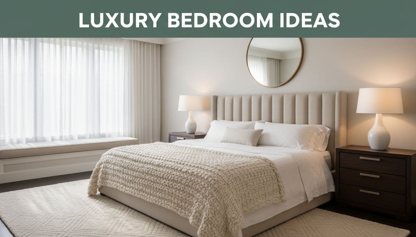 Symmetrical luxury bedroom centers on king bed with white linens and duvet, flanked by nightstands with ceramic lamps, sheer curtains, statement mirror, and top dark-green band with 'Luxury Bedroom Ideas'.