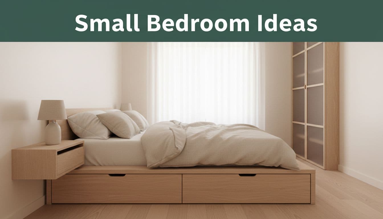 Compact bedroom with platform bed, underbed drawers, wall nightstands, light bedding, sheer curtains, slim wardrobe in neutral tones and soft morning light, green header band.