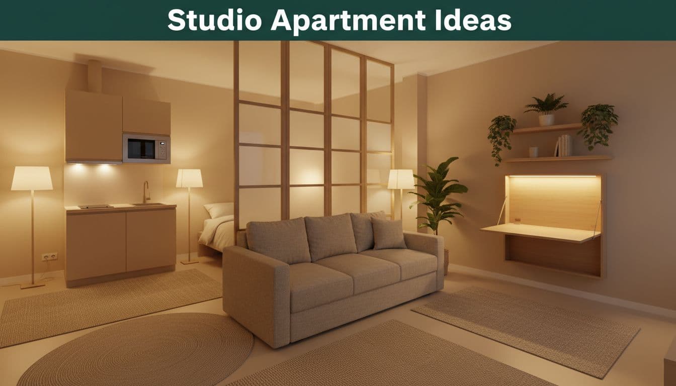 Beige studio apartment with sofa bed divider, fold-down wall desk, kitchenette, plant shelves, rug zones, warm evening lamp lighting, and top 'Studio Apartment Ideas' banner.