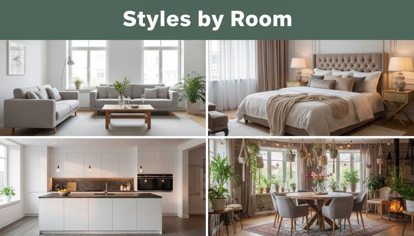 Muted dark-green header band with white 'Styles by Room' title above collage of minimalist living room, luxury bedroom, modern kitchen, and bohemian dining room.