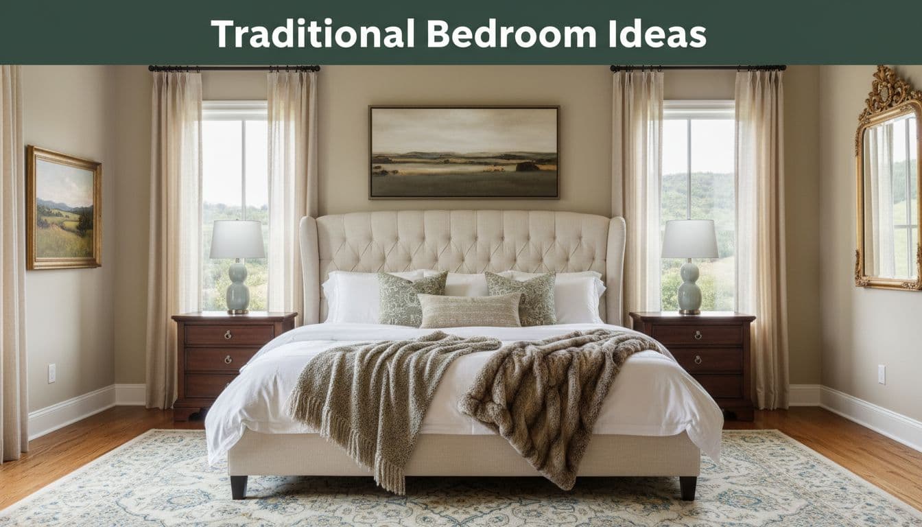 Symmetrical traditional bedroom shows centered king bed with upholstered headboard, matching nightstands, ceramic lamps, framed art, mirror, and top dark-green banner reading 'Traditional Bedroom Ideas'.