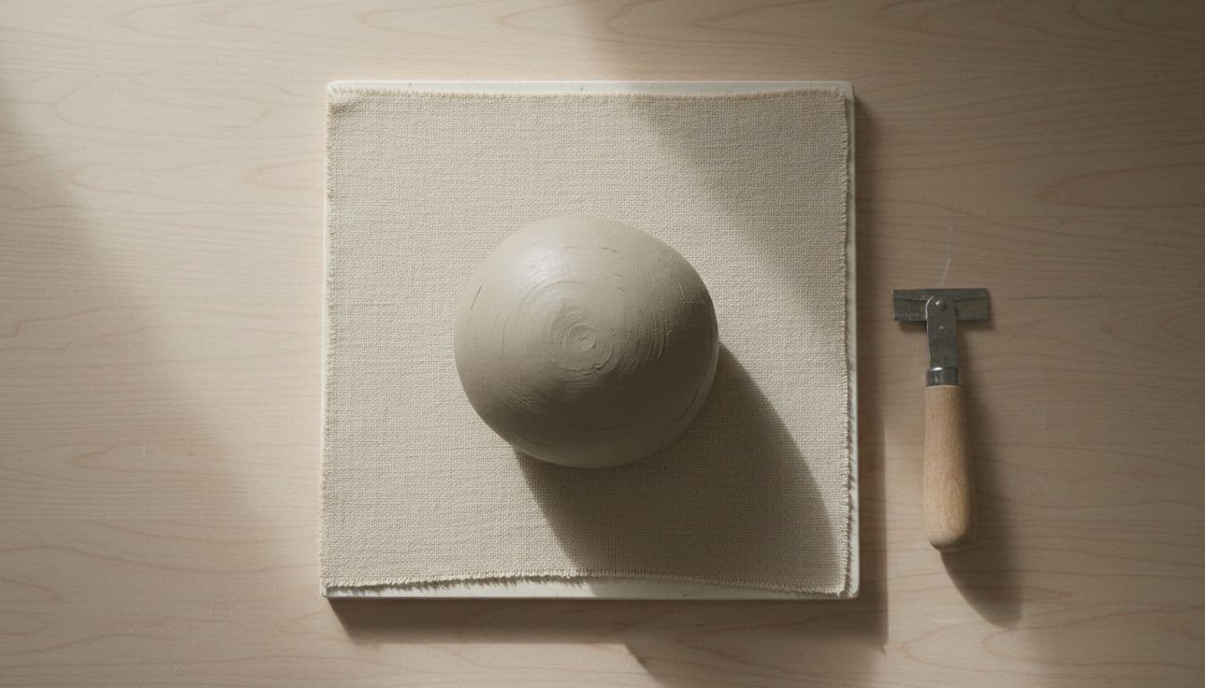 Clean workshop table with canvas-covered plaster board, centered lump of soft gray pottery clay, and nearby wire cutter under natural daylight in top-down realistic photography.