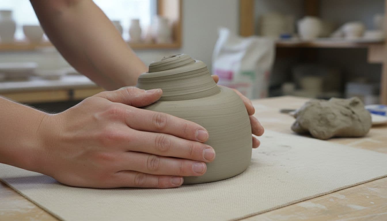 Close-up of two hands spiral wedging a smooth gray clay ball on a canvas-covered surface, palms pressing and rotating clockwise to remove air bubbles.