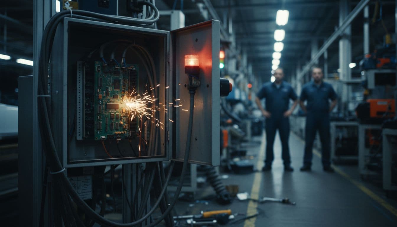 Close-up of an automotive plant production line with an old end-of-life communication card in a control cabinet, featuring nearby sparks or warning light indicating potential downtime, blurred distant workers in cinematic style with dramatic factory lighting.